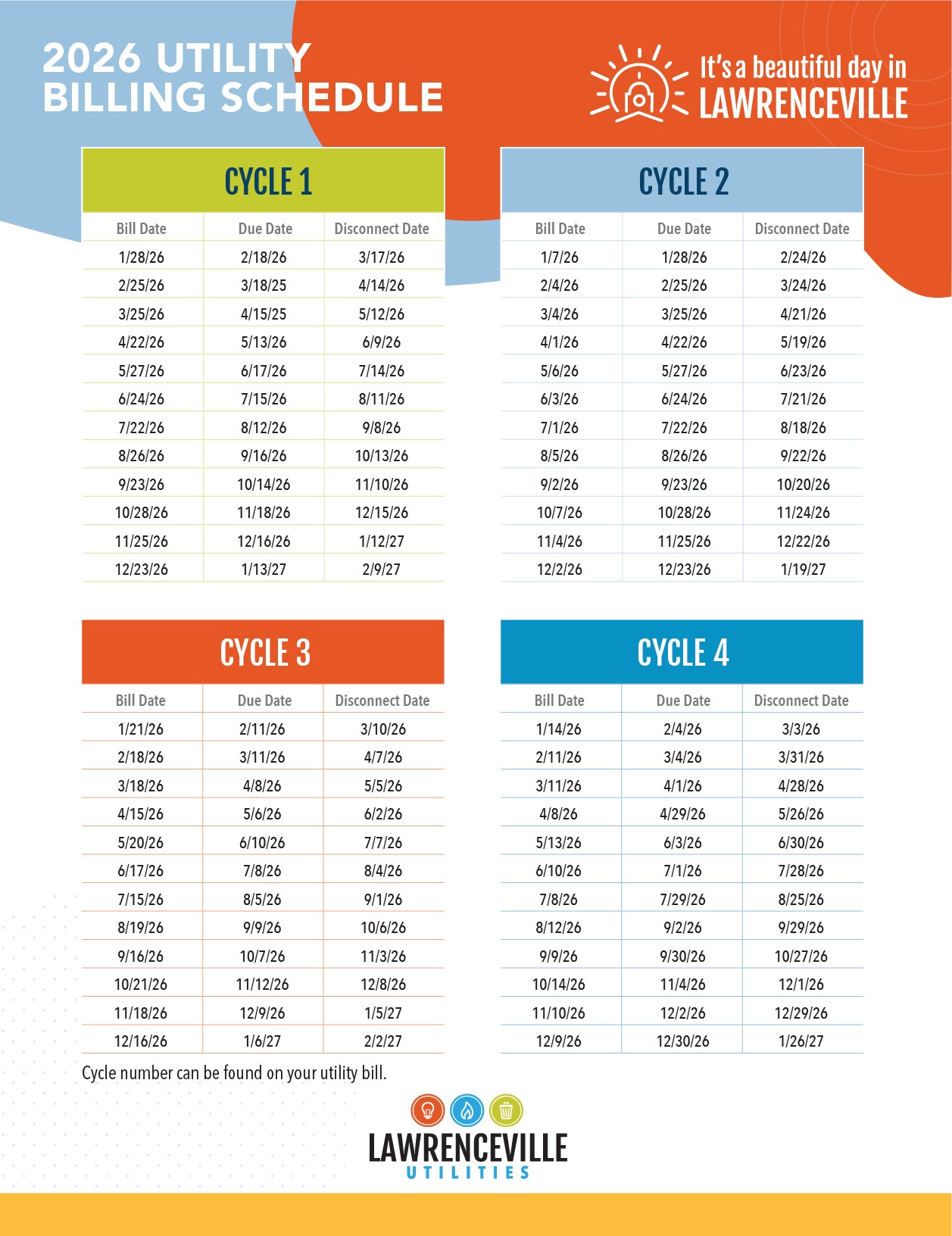 2026 Utility Billing Schedule with dates