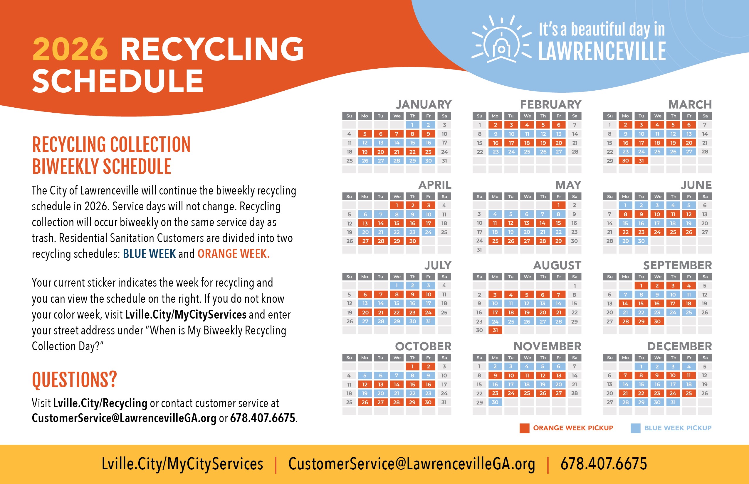 2026 recycling calendar with orange and blue weeks